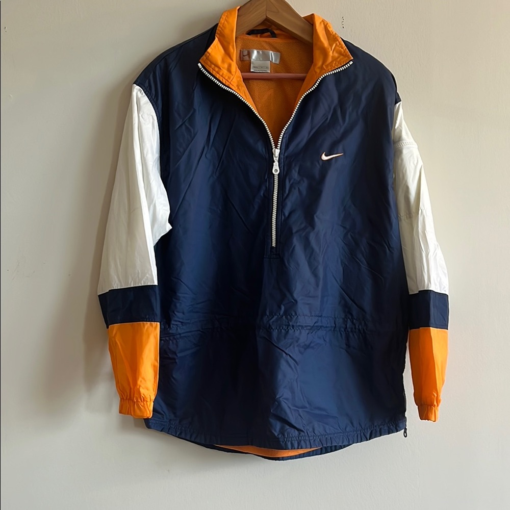Nike 2000s Vintage Navy, White and Orange Windbreaker Back Spellout Jacket